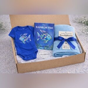 Blue Baby Gift Set with Onesie, Book, and Blanket